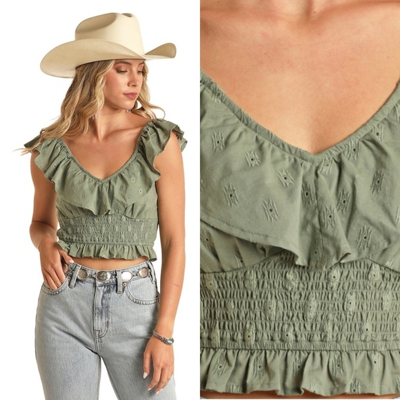 Rock and Roll denim Aztec Eyelet Ruffle Tank Top m - Picture 1 of 4